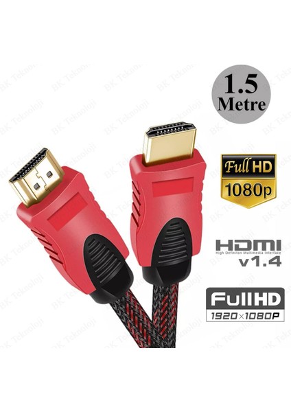 Yüksek Hızlı Full Hd 3D Örgülü HDMI Kablo - 1.5 Metre