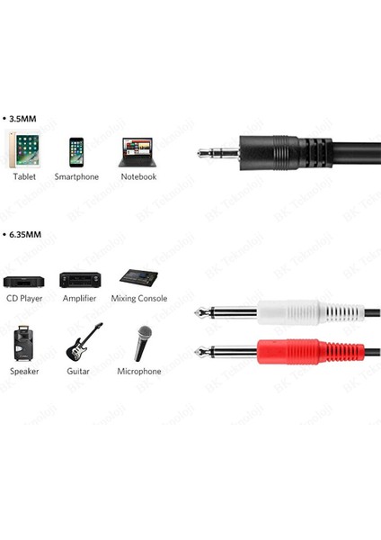 3.5mm 1/8" Trs - 2 x 6.35MM 1/4" Ts Mono Y Ayırıcı Kablo - 5 Metre