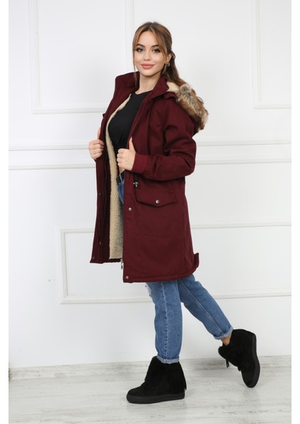 Kadın Bordo Peluşlu Oversize Gabardin Kumaş Içi Suni Kürklü Kaban Mont