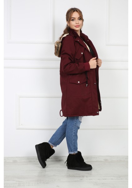 Kadın Bordo Peluşlu Oversize Gabardin Kumaş Içi Suni Kürklü Kaban Mont fiyatları