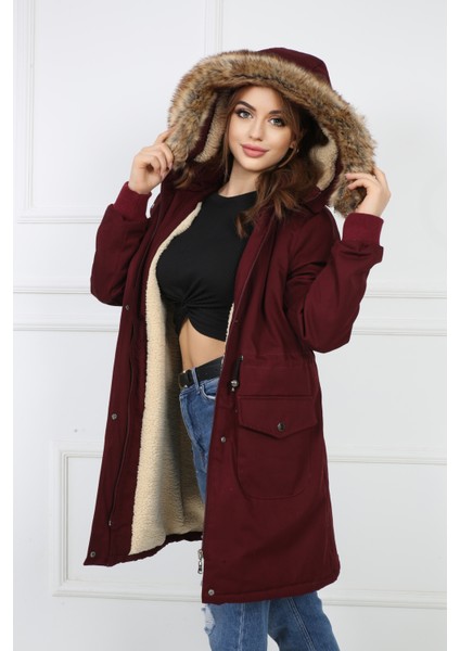 Kadın Bordo Peluşlu Oversize Gabardin Kumaş Içi Suni Kürklü Kaban Mont modelleri