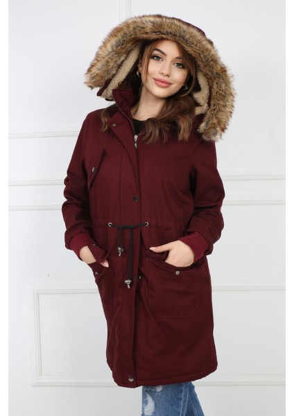 Kadın Bordo Peluşlu Oversize Gabardin Kumaş Içi Suni Kürklü Kaban Mont fırsatları