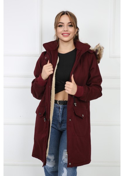 Kadın Bordo Peluşlu Oversize Gabardin Kumaş Içi Suni Kürklü Kaban Mont indirimleri