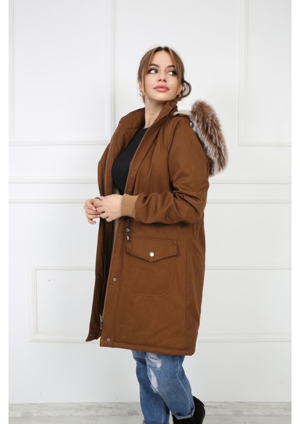 Buket Tekstil Kadın Kahverengi Peluşlu Oversize Gabardin Kumaş Içi Suni Kürklü Kaban Mont