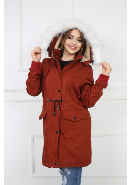 Kadın Kiremit Peluşlu Oversize Gabardin Kumaş Içi Suni Kürklü Kaban Mont