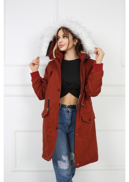 Kadın Kiremit Peluşlu Oversize Gabardin Kumaş Içi Suni Kürklü Kaban Mont modelleri
