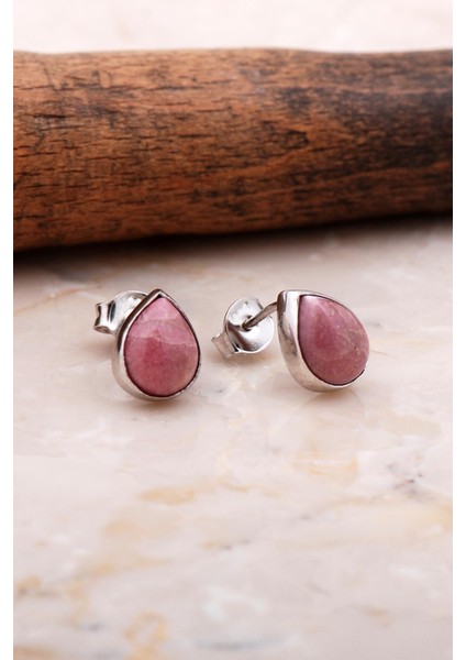 Doğal Rodonit Taşlı Damla Mini Rodyumlu Gümüş Küpe 5841