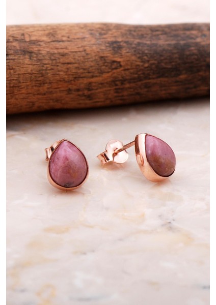 Doğal Rodonit Taşlı Damla Mini Rose Gümüş Küpe 5842