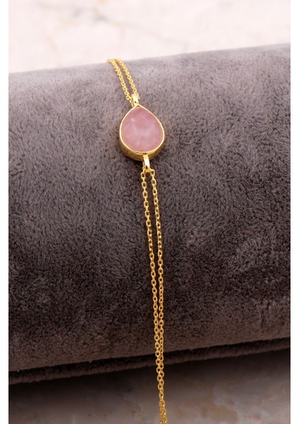 Doğal Pembe Kuvars Taşlı Damla Mini Altın Yaldızlı Gümüş Bileklik 4136