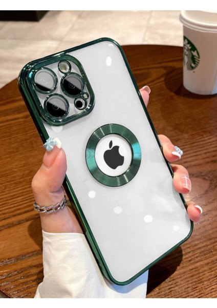 Apple iPhone 13 Pro Kılıf Luxury Logo Detaylı Kenarları Renkli Kamera Korumalı Kılıf Yeşil