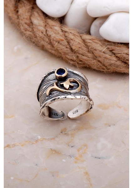Safir Taşlı Dallı Çekiç Dövme Elişi Gümüş Yüzük 3630