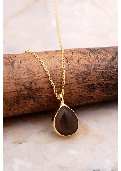 Doğal Smoky Taşlı Damla Mini Altın Yaldızlı Gümüş Kolye 7730