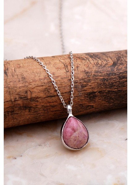 Doğal Rodonit Taşlı Damla Mini Rodyumlu Gümüş Kolye 7733