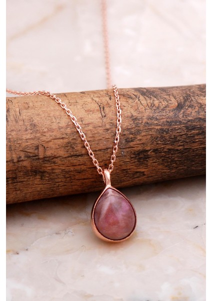 Doğal Rodonit Taşlı Damla Mini Rose Gümüş Kolye 7734
