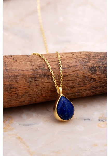 Doğal Lapis Lazuli Taşlı Damla Mini Altın Yaldızlı Gümüş Kolye 7738