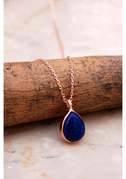 Doğal Lapis Lazuli Taşlı Damla Mini Rose Gümüş Kolye 7740
