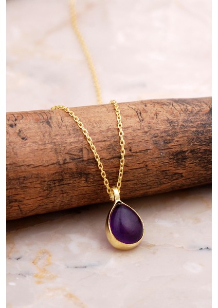 Doğal Ametist Taşlı Damla Mini Altın Yaldızlı Gümüş Kolye 7741