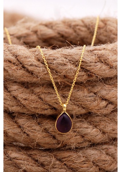 Doğal Ametist Taşlı Damla Mini Altın Yaldızlı Gümüş Kolye 7741 fiyatları