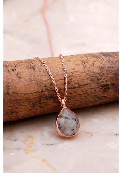 Doğal Rutil Kuvars Taşlı Damla Mini Rose Gümüş Kolye 7749