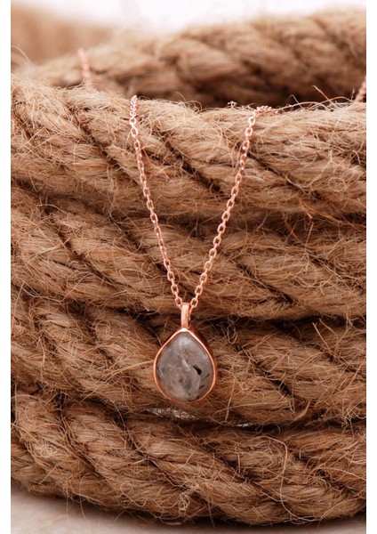 Doğal Rutil Kuvars Taşlı Damla Mini Rose Gümüş Kolye 7749 fiyatları