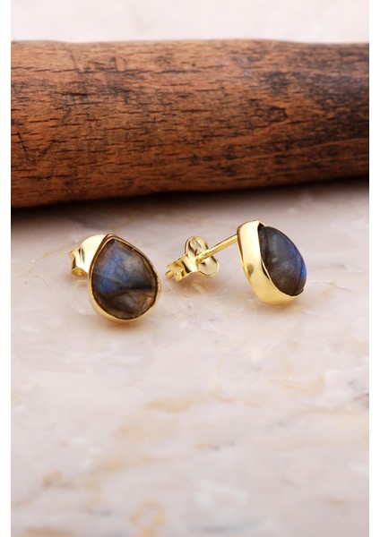 Doğal Labradorit Taşlı Damla Mini Altın Yaldızlı Gümüş Küpe 5834