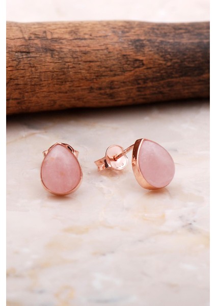 Doğal Pembe Kuvars Taşlı Damla Mini Rose Gümüş Küpe 5848