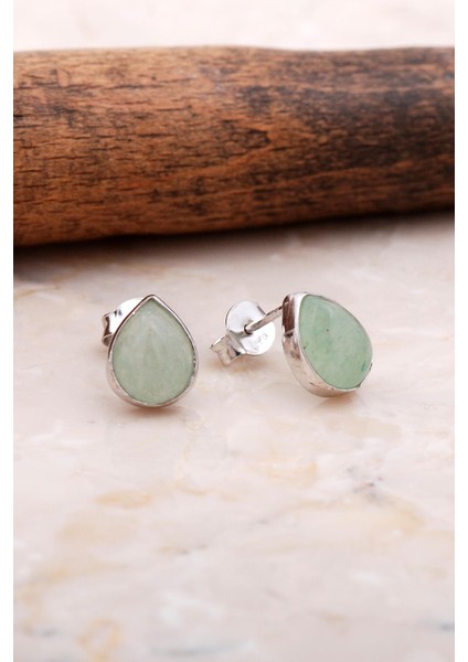 Doğal Prenhit Taşlı Damla Mini Rodyumlu Gümüş Küpe 5849