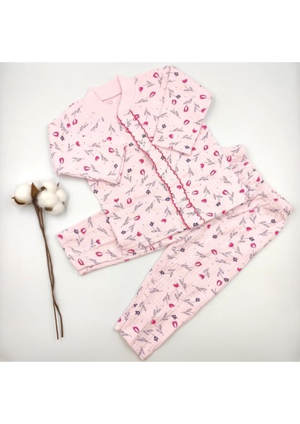 Çiçek Desenli Pembe Kız Bebek Pijama Takımı %100 Cotton
