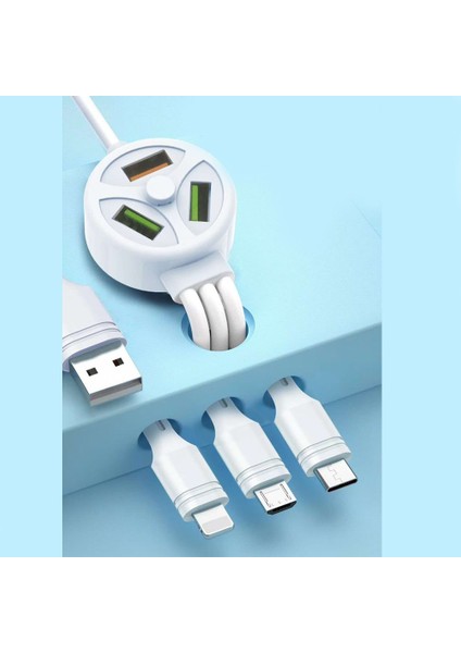 Şarj Kablosu Extended Data Cable 3 Plug & 3 USB Port 3.1A Mıcro, Iphone, Type-C Data Kablo