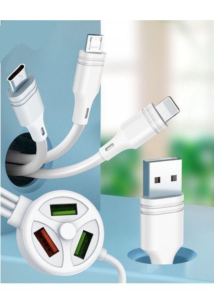 Şarj Kablosu Extended Data Cable 3 Plug & 3 USB Port 3.1A Mıcro, Iphone, Type-C Data Kablo