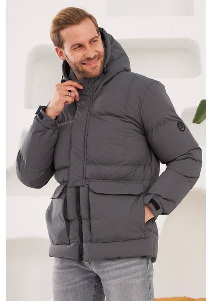 Erkek Su ve Rüzgar Geçirmez Spor Şişme Mont Antrasit - 9699708671955
