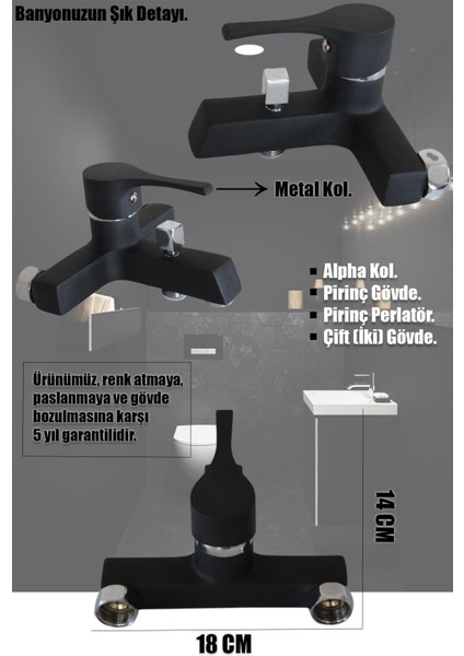 Irmak Lavabo Banyo Mutfak Bataryası ve Robot Duş Siyah Banyo Seti Armatür Musluk Batarya Duş Alpha