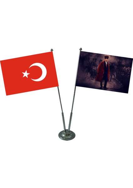 Atatürk Resimli 2'li Masa Bayrağı Takımı