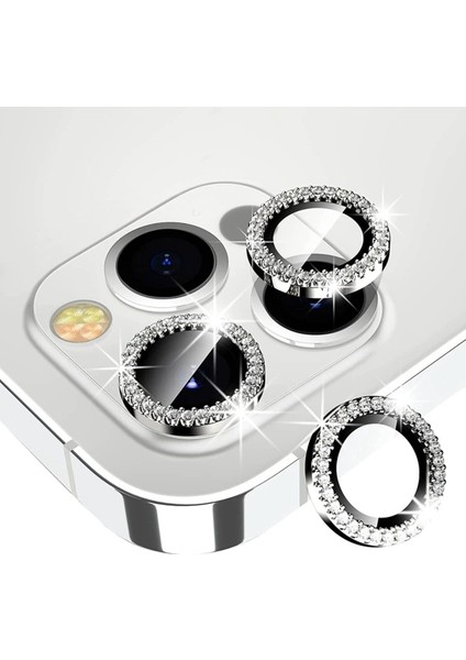 Apple iPhone 12 Pro Max Uyumlu Gümüş Swarovski Taşlı Kamera Lensi Koruyucu