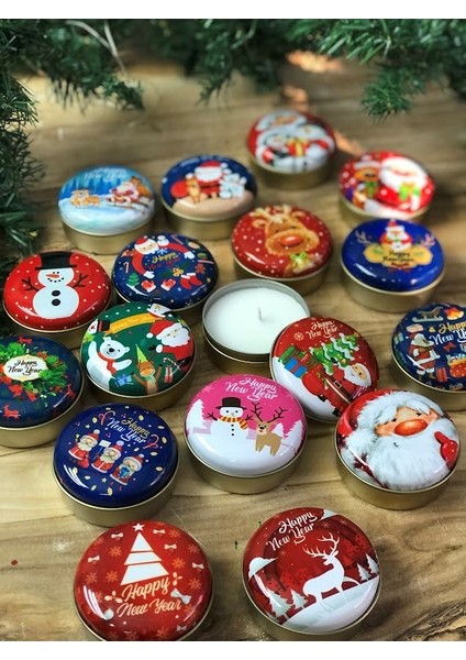 Yılbaşı Yeni Yıl Konsept 3lü Mumlu Metal Kutu Seti Christmas Candle Boxes With Candle 7x3.5