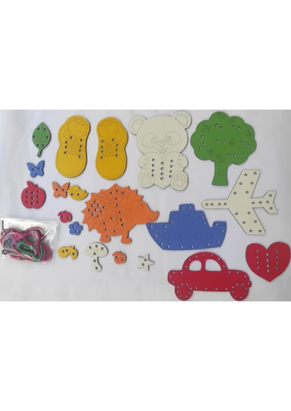 Trendy Toys Eğitici Ahşap Renkli Ip Geçirme Örgü Seti 25 Parça Montessori El Kası Geliştirme