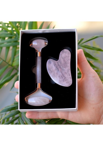 Pembe Kuvars Gua Sha Ve Roller Masaj Taşı Seti