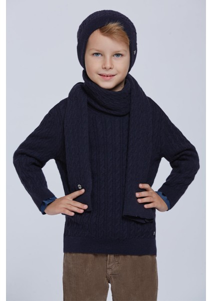 Lambswool Yün Lacivert Çocuk Atkı