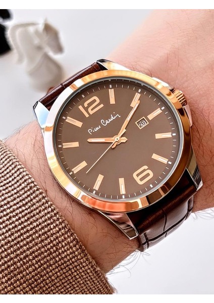 800411F10K Pierre Cardin Deri Kordon Erkek Kol Saati 30 mt Su Gecirmez + Kaplan Gözü Bileklik