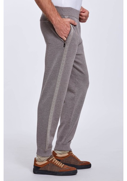 Şerit Detaylı Kum Rengi Merino Yün Triko Spor Pantolon modelleri