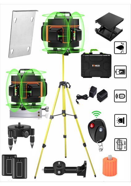 Profesyonel 2x Li-On Batarya 4X360 16 Satır Otomatik Hizalama Çapraz Çizgi Lazer + Kumanda+Tripod