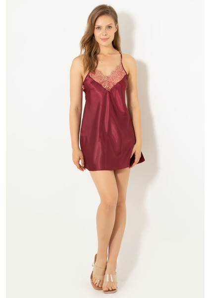 Sırtı Çapraz Askılı Taş Aksesuarlı Güpürlü Saten Mini Gecelik fiyatları