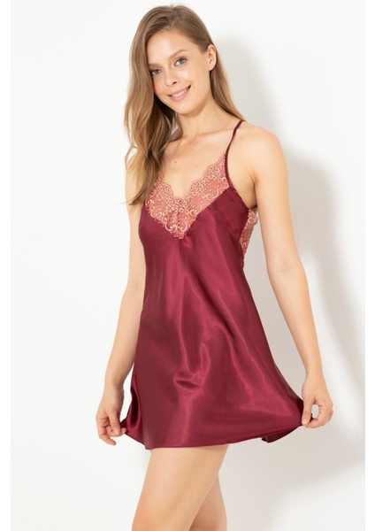 Dantel Detaylı Sırtı Çapraz Askılı Taşlı Saten Gecelik fiyatları