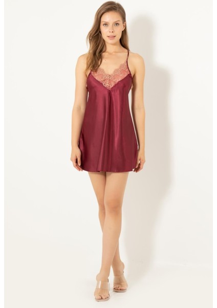 Dantel Detaylı Sırtı Çapraz Askılı Taşlı Saten Gecelik fiyatları