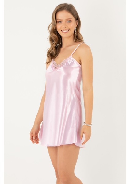 Ince Askılı Güpürlü Mini Saten Gecelik