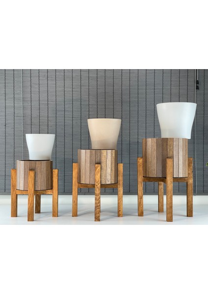 Dekoratif Ahşap Stand Ayaklı Yuvarlak Saksı Seti 3'lü Iç Saksılı fırsatları