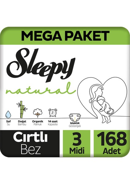 Natural Mega Paket Bebek Bezi 3 Numara Midi 168 Adet