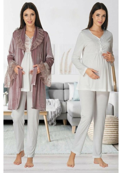 Puerpera Effort Kadın Kışlık Gül Kurusu Kadife Sabahlıklı Lohusa Hamile Pijama Takımı 8088