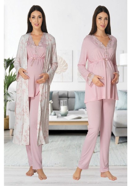 Effort Kadın Pembe Uzun Kollu Lohusa Hamile Sabahlıklı Pijama Takımı 8094