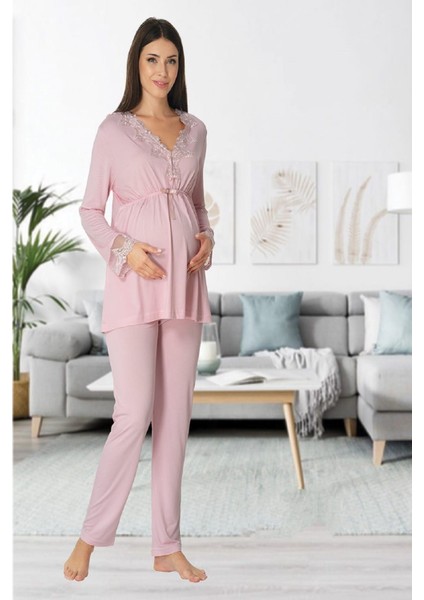 Effort Kadın Pembe Uzun Kollu Lohusa Hamile Sabahlıklı Pijama Takımı 8094